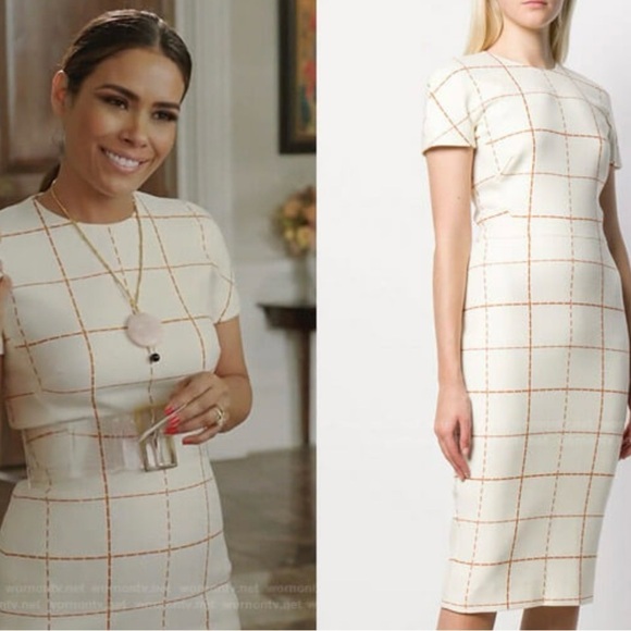 VICTORIA BECKHAM Cream & Mustard Wool Check Short Sleeve Dress Size 4 - Picture 1 of 16